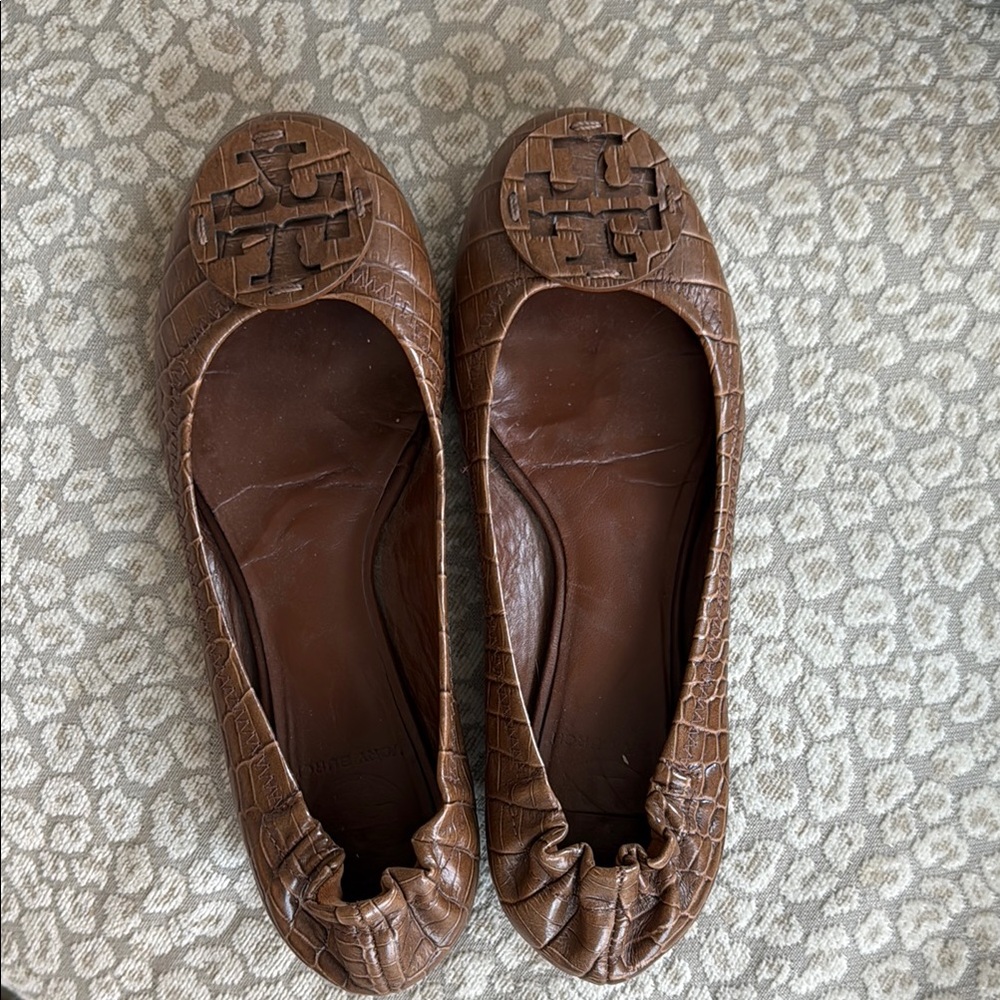 Brown Croc-Embossed Ballet Flats Tory Burch